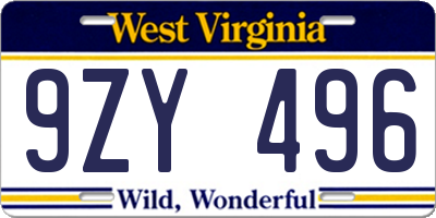 WV license plate 9ZY496