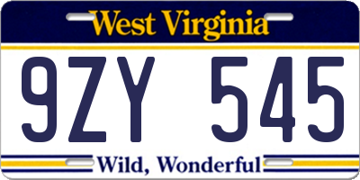 WV license plate 9ZY545