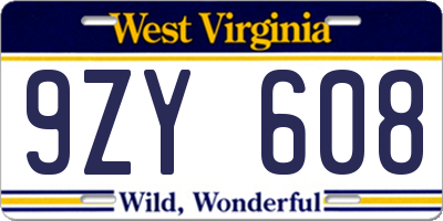 WV license plate 9ZY608