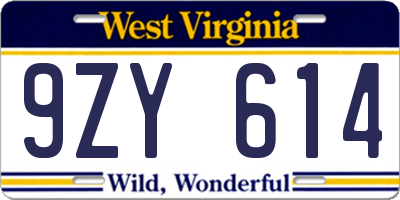 WV license plate 9ZY614