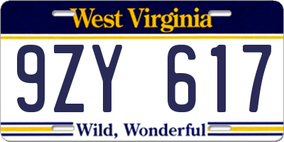 WV license plate 9ZY617