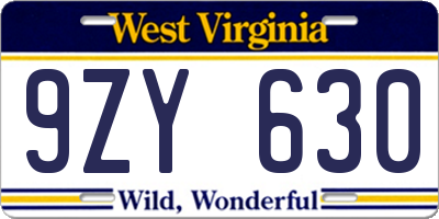 WV license plate 9ZY630