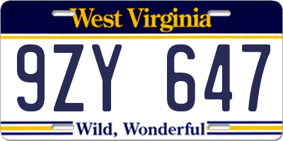 WV license plate 9ZY647