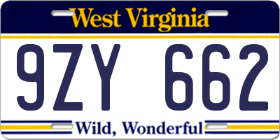 WV license plate 9ZY662