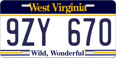 WV license plate 9ZY670