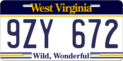 WV license plate 9ZY672