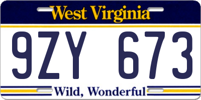 WV license plate 9ZY673