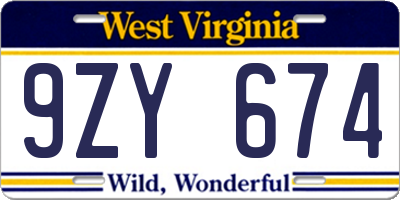 WV license plate 9ZY674