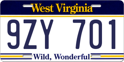 WV license plate 9ZY701