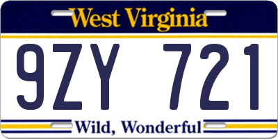 WV license plate 9ZY721