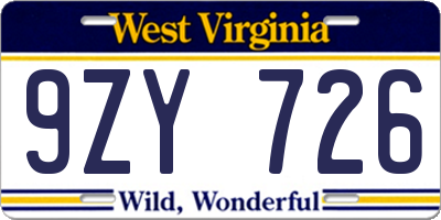 WV license plate 9ZY726