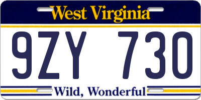 WV license plate 9ZY730