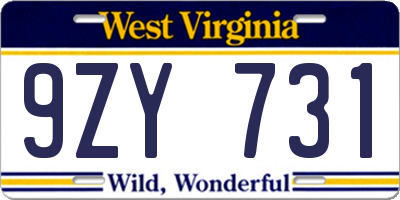 WV license plate 9ZY731