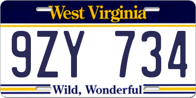 WV license plate 9ZY734