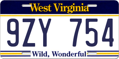 WV license plate 9ZY754