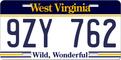 WV license plate 9ZY762