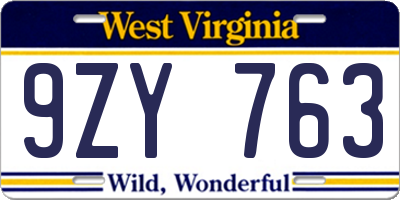 WV license plate 9ZY763