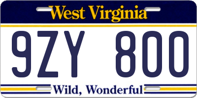 WV license plate 9ZY800
