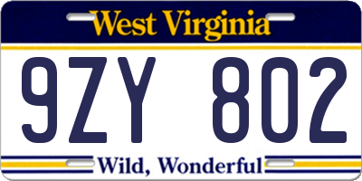 WV license plate 9ZY802