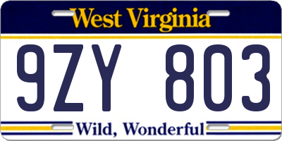 WV license plate 9ZY803
