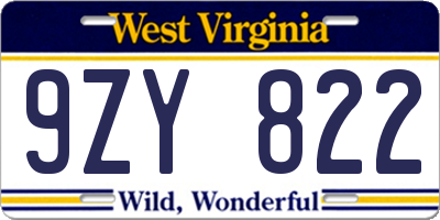 WV license plate 9ZY822
