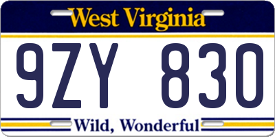 WV license plate 9ZY830
