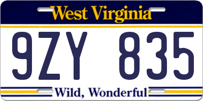 WV license plate 9ZY835