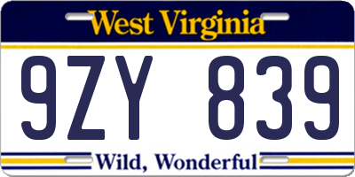 WV license plate 9ZY839