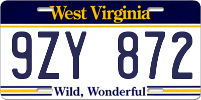 WV license plate 9ZY872