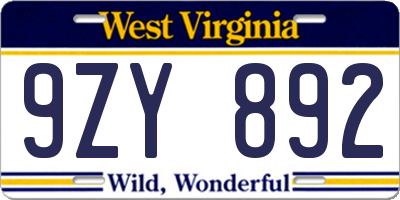 WV license plate 9ZY892