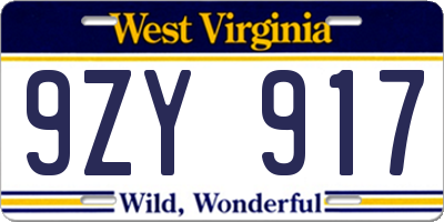 WV license plate 9ZY917