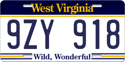 WV license plate 9ZY918