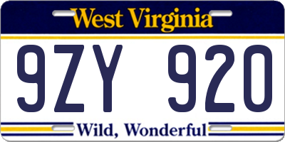 WV license plate 9ZY920