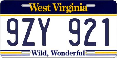 WV license plate 9ZY921