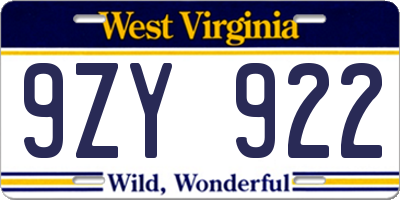 WV license plate 9ZY922