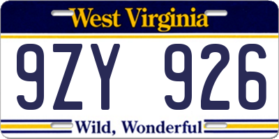 WV license plate 9ZY926