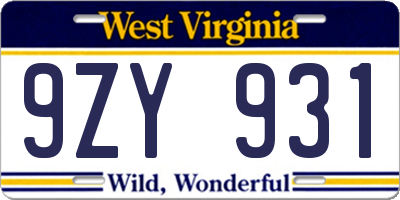 WV license plate 9ZY931