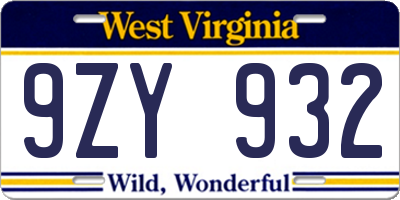 WV license plate 9ZY932