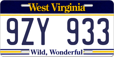 WV license plate 9ZY933