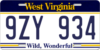 WV license plate 9ZY934