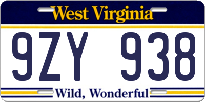 WV license plate 9ZY938