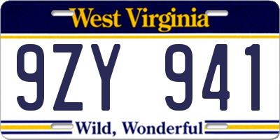 WV license plate 9ZY941