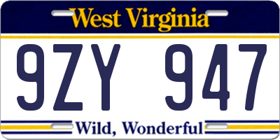 WV license plate 9ZY947