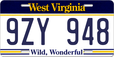 WV license plate 9ZY948