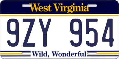 WV license plate 9ZY954