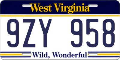 WV license plate 9ZY958