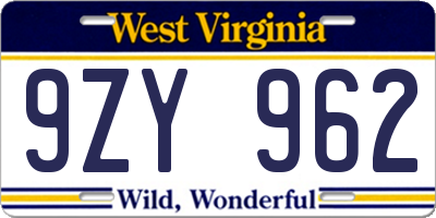 WV license plate 9ZY962