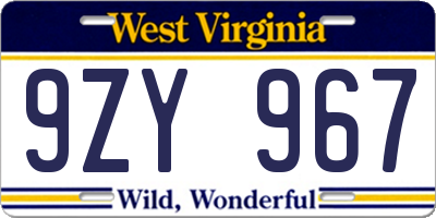 WV license plate 9ZY967