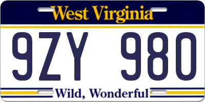 WV license plate 9ZY980