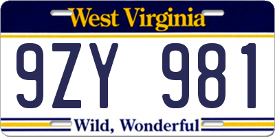 WV license plate 9ZY981